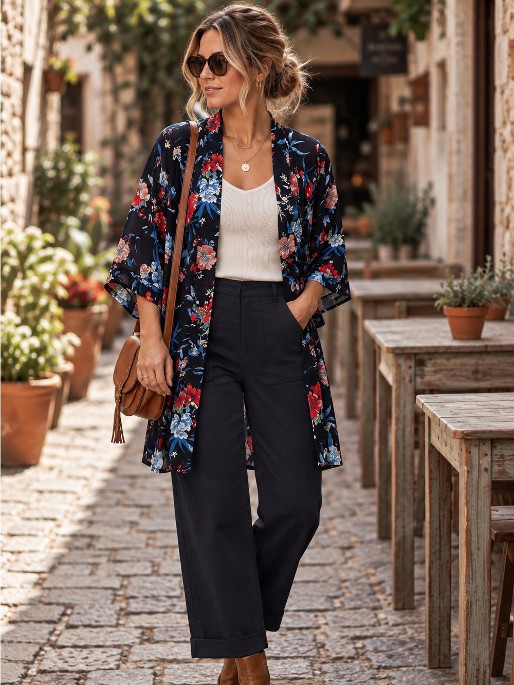 Floral Navy Kimono Cover-Up